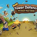 Kreslená scéna s postavami bojujícími kolem cesty, obklopená stromy a objekty, s nápisem „Gold Tower Defence Protect Your Gold