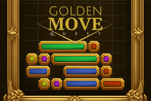 Barevné horizontální pruhy s drahokamy v rámečku, nad nimiž je nápis Golden Move Quest