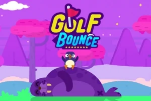Tučňák s červeným kloboukem sedí na fialovém tuleni v barevné kreslené krajině s nápisem Gulf Bounce nahoře