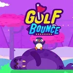 Tučňák s červeným kloboukem sedí na fialovém tuleni v barevné kreslené krajině s nápisem Gulf Bounce nahoře