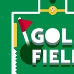 Název Golf Field s dekorativními písmeny a červenou golfovou vlajkou na zeleném pozadí