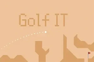 Grafický design s nápisem Golf IT a minimalizovaným golfovým motivem s vlajkou na béžovém pozadí