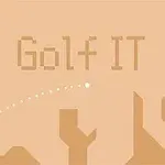 Grafický design s nápisem Golf IT a minimalizovaným golfovým motivem s vlajkou na béžovém pozadí