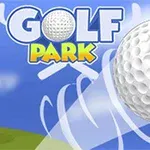 Bílý golfový míček letící po modrém pozadí s nápisem GOLF PARK