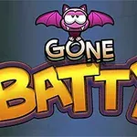 Fialová kreslená netopýrka nad velkým nápisem „Gone Batty“ na modrém pozadí