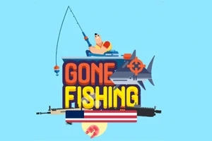 Postava rybaří s prutem nad nápisem Gone Fishing, vedle žraloka a zbraní, na modrém pozadí