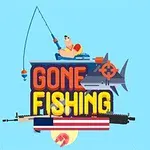 Postava rybaří s prutem nad nápisem Gone Fishing, vedle žraloka a zbraní, na modrém pozadí