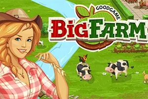 Big Farm Žena v kovbojském klobouku stojí na farmě s pasoucími se kravami a potokem v pozadí, s logem nad touto scénou