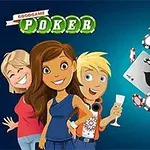 Tři kreslené postavy stojí před hromadou hracích karet a žetonů na modrém pozadí