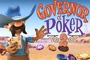 Kreslený kovboj s modrým kloboukem držící hrací karty a pokerové žetony v pouštní krajině s nápisem Governor of Poker 2