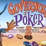 Kreslený kovboj s modrým kloboukem držící hrací karty a pokerové žetony v pouštní krajině s nápisem Governor of Poker 2