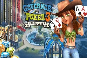 Žena v kovbojském klobouku drží pokerové karty před městským pozadím s kasinem a žetony na stole