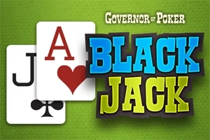 Karty s hodnotou J a A na zeleném pozadí s textem Black Jack v barevných písmenech