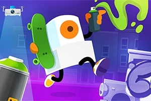 Barevný robot s oranžovým okem v ruce drží sprejovou nádobu a skateboard, obklopen moderním městským prostředím