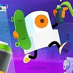 Barevný robot s oranžovým okem v ruce drží sprejovou nádobu a skateboard, obklopen moderním městským prostředím