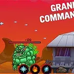 Postava s futuristickou zbraní střílí na zelené monstrum před budovou v pouštní krajině