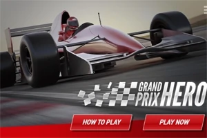 Červený závodní vůz formule jedna na trati s nápisem Grand Prix Hero a tlačítky How to Play a Play Now