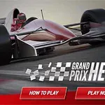 Červený závodní vůz formule jedna na trati s nápisem Grand Prix Hero a tlačítky How to Play a Play Now
