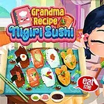 Usmívající se kreslená postava vedle podnosu s různými druhy sushi, mobilním telefonem a nápisem o receptu