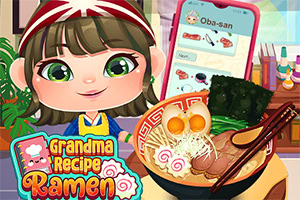 Animovaná postava s hnědými vlasy a čelenkou stojí vedle misky ramen s různými přísadami a má vedle sebe mobil s kuchařským receptem