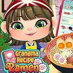 Animovaná postava s hnědými vlasy a čelenkou stojí vedle misky ramen s různými přísadami a má vedle sebe mobil s kuchařským receptem