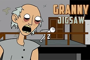 Kreslená postava s velkými oči a vypracovaným obočím stojí v interiéru vedle názvu Granny Jigsaw