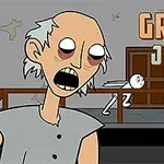 Kreslená postava s velkými oči a vypracovaným obočím stojí v interiéru vedle názvu Granny Jigsaw