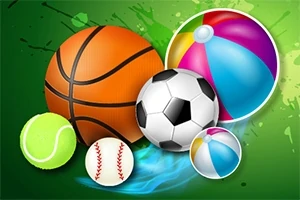 Barevné ilustrace různých sportovních míčů na zeleném pozadí