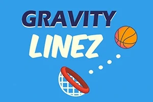 Text GRAVITY LINEZ na modrém pozadí s basketbalovým míčem a košem