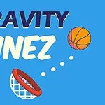 Text GRAVITY LINEZ na modrém pozadí s basketbalovým míčem a košem