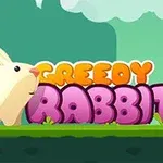 Bílý králík stojí na trávě před nápisem GREEDY RABBIT v oranžové a růžové barvě, s modrozeleným pozadím a obláčkovými mraky