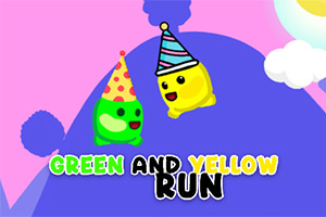 Dvě kreslené postavičky v zelené a žluté barvě s párty čepicemi na barevném pozadí s nápisem Green and Yellow Run