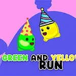 Dvě kreslené postavičky v zelené a žluté barvě s párty čepicemi na barevném pozadí s nápisem Green and Yellow Run