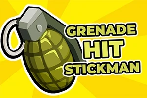 Zelený ruční granát vedle nápisů Grenade Hit Stickman na žlutém pozadí