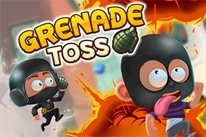 Dvě kreslené postavy v helmách s vystrašenými výrazy, obklopené výbuchy a granátem, s výrazným barevným textem nad nimi