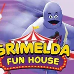 Fialová postava v pohybu s kelímky koktejlů na podlaze a textem Grimelda Fun House