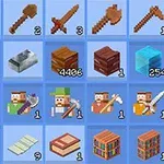 Inventářová tabulka s různými pixelovými položkami včetně nástrojů, surovin a postav