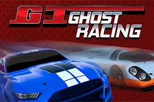 Modré a bílé závodní auto na červeném pozadí s textem GT Ghost Racing