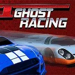 Modré a bílé závodní auto na červeném pozadí s textem GT Ghost Racing