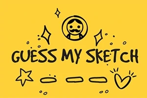 Žluté pozadí s černými kresbami hvězdy, srdce a obličeje s textem GUESS MY SKETCH