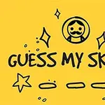 Žluté pozadí s černými kresbami hvězdy, srdce a obličeje s textem GUESS MY SKETCH