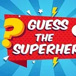 Červená komiksová bublina s nápisem Guess the Superhero na modrém pozadí s paprsky, otazníky a blesky