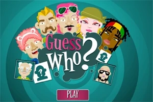Ilustrace různorodých kreslených postaviček kolem nápisu Guess Who?