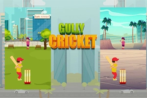 Dvě kreslené scény s dětmi hrajícími kriket na ulici před městskou a plážovou kulisou, s nápisem Gully Cricket uprostřed