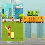 Dvě kreslené scény s dětmi hrajícími kriket na ulici před městskou a plážovou kulisou, s nápisem Gully Cricket uprostřed