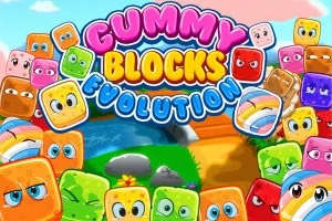 Barevné animované kostky s očima na pozadí krajiny s nápisem Gummy Blocks Evolution
