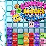 Barevné animované kostky s očima na pozadí krajiny s nápisem Gummy Blocks Evolution