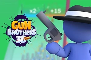 Modrá kreslená postava s kloboukem drží šedou pistoli na zeleném pozadí s logem Gun Brothers 3D