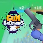 Modrá kreslená postava s kloboukem drží šedou pistoli na zeleném pozadí s logem Gun Brothers 3D
