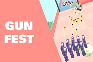 Náhled ukazuje řadu fialových zbraní, které střílejí zlaté kulky směrem k cíli s nápisem GUN FEST na růžovém pozadí
